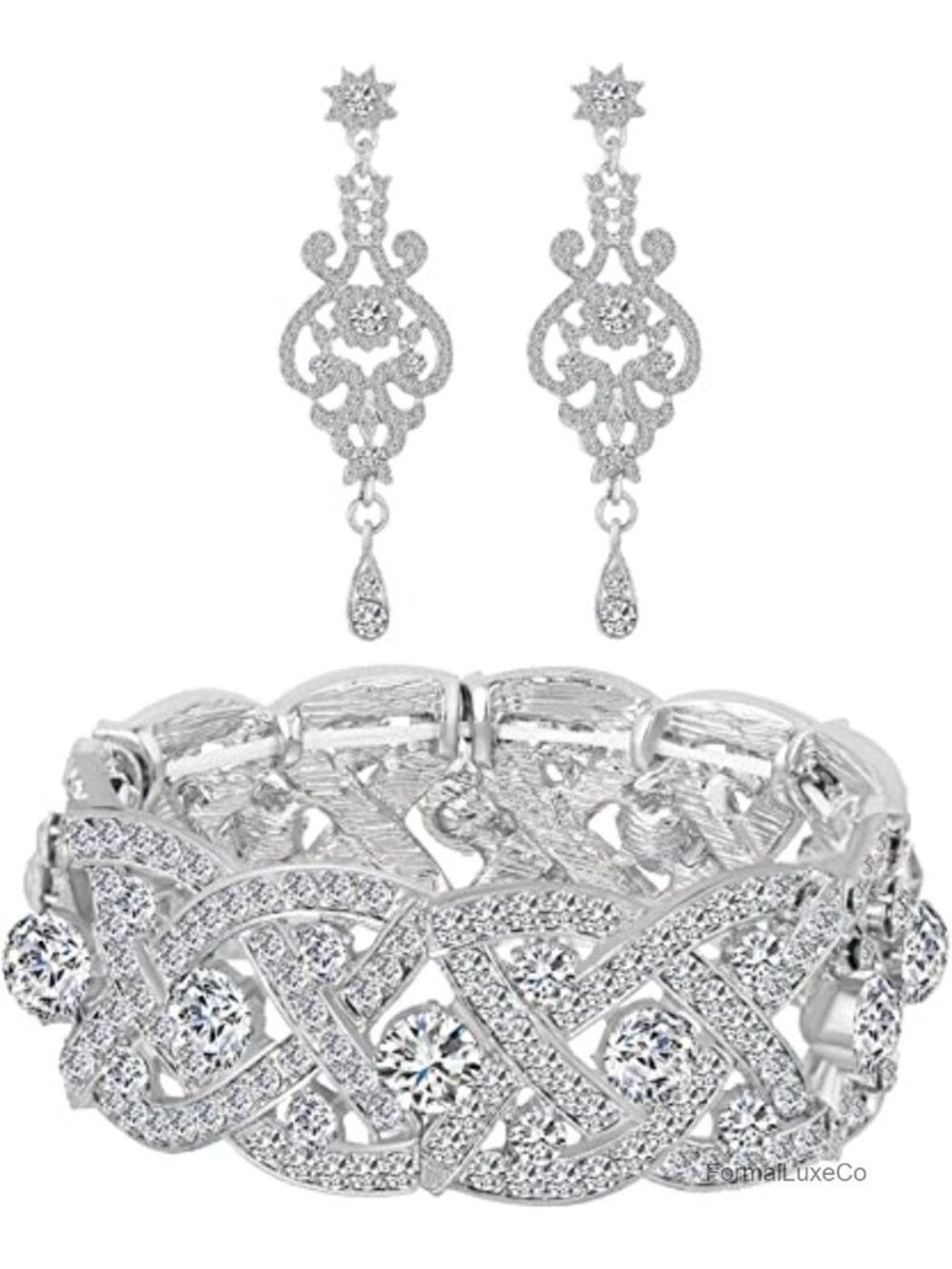 Elegant Rhinestone Tennis Bracelet & Drop Earrings Jewelry Set Stretchy Crystal